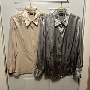 Laura Scott Satin Quilted Blouse in Tan & Silver lot of 2
